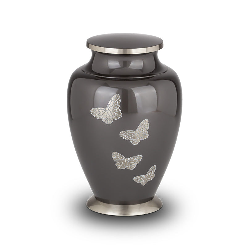 Moderne urn met vlinder grijs zilver