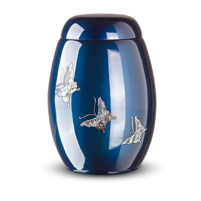 traditionele urn met afbeelding vlinder blauw