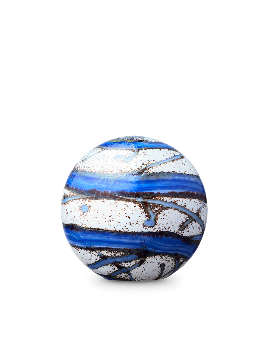 Urn bolvorm blauw wit van kristalglas