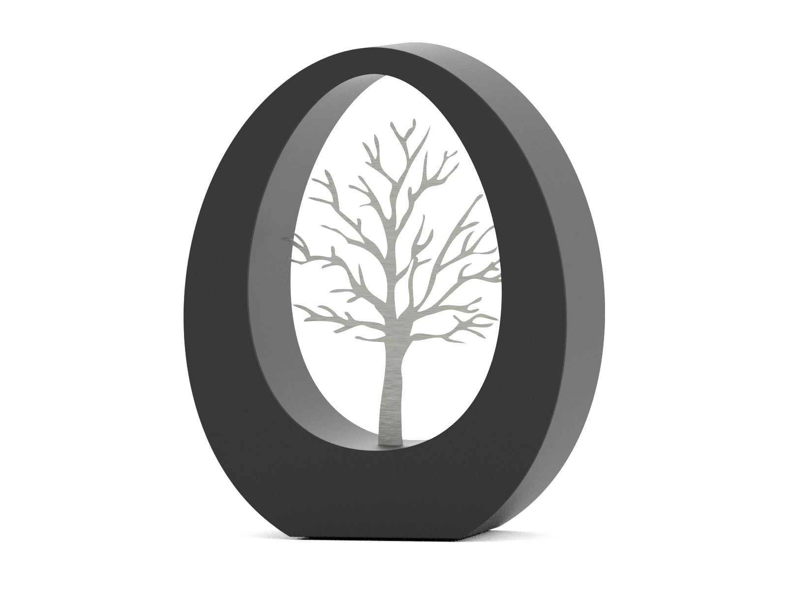 ovale urn van zwart rvs met boom