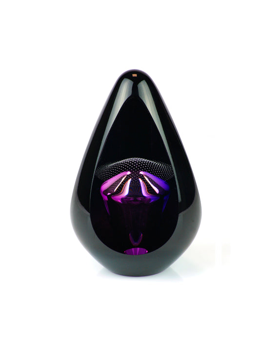 Bijzondere urn druppel zwart met paarse binnenkart