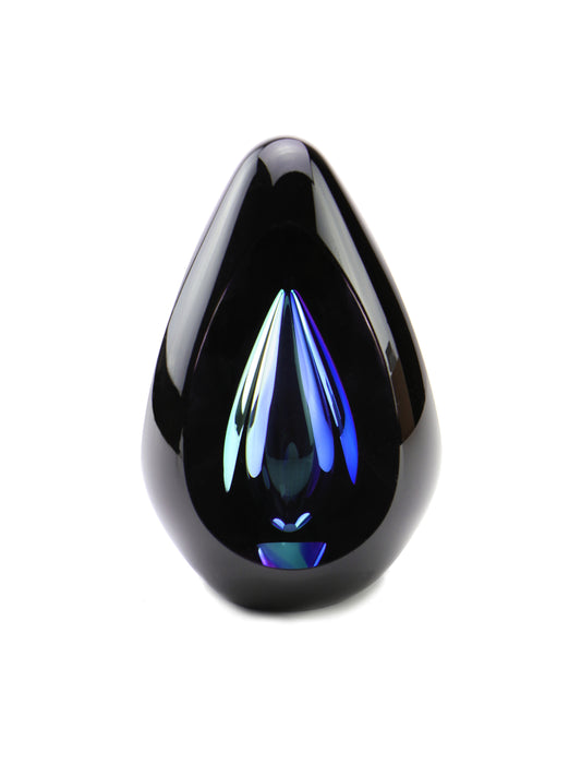 Bijzondere zwarte urn van kristalglas met blauwe afwerking