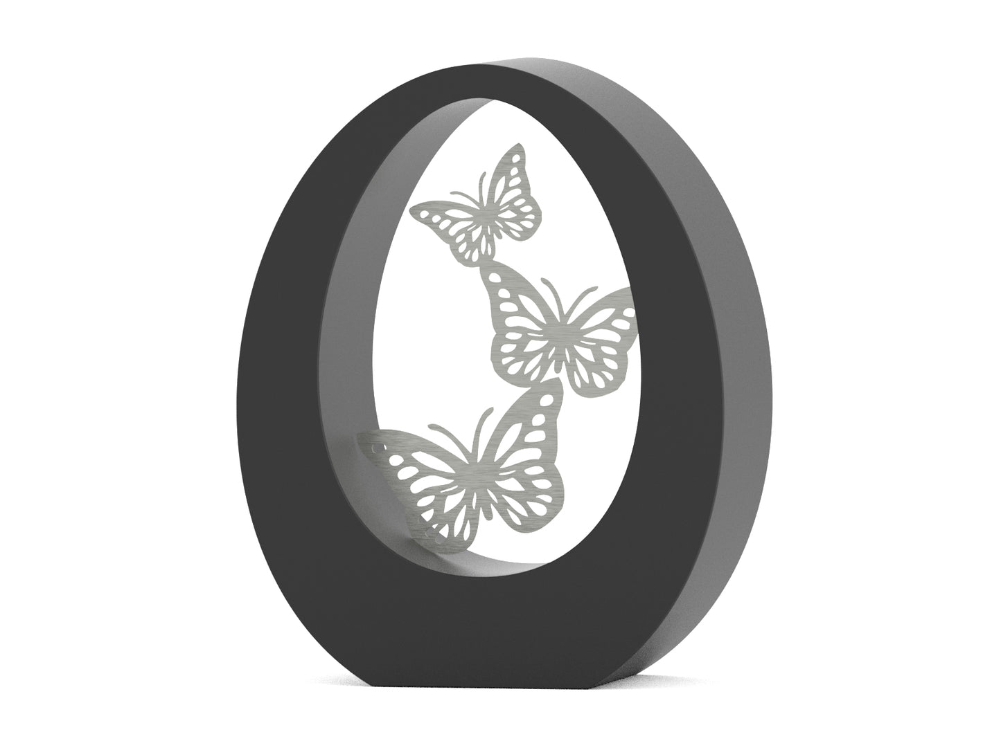 ovale urn van zwart rvs met vlinders