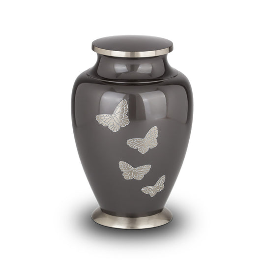 Moderne urn met vlinder grijs zilver