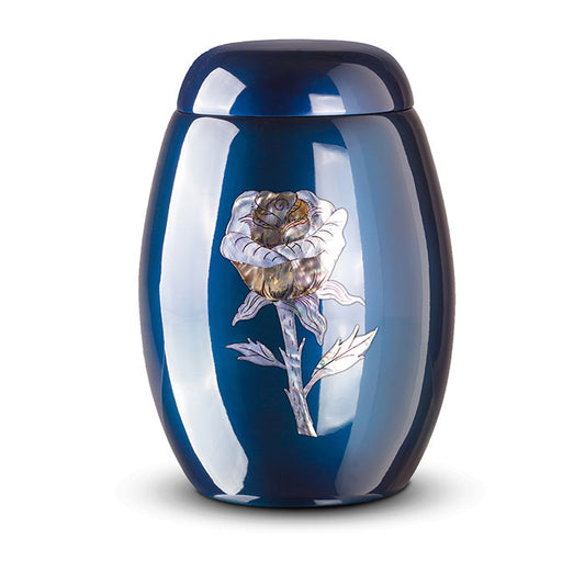 traditionele urn met afbeelding bloem blauw