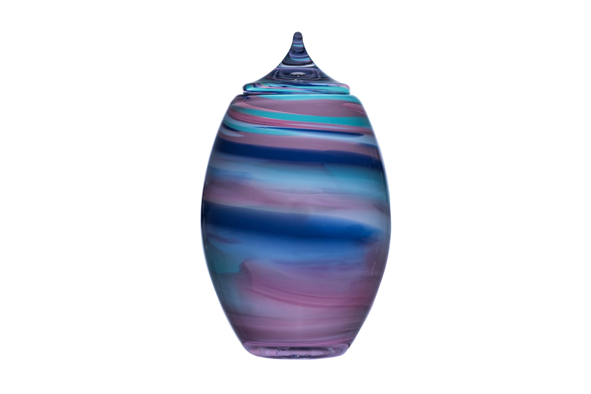 glazen urn in de vorm van een pot in de kleur paars blauw