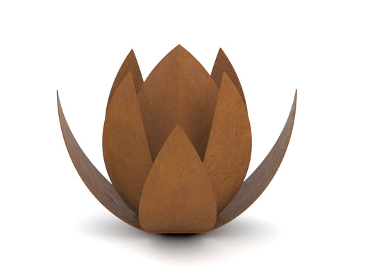 Urn van cortenstaal in de vorm van een lotus
